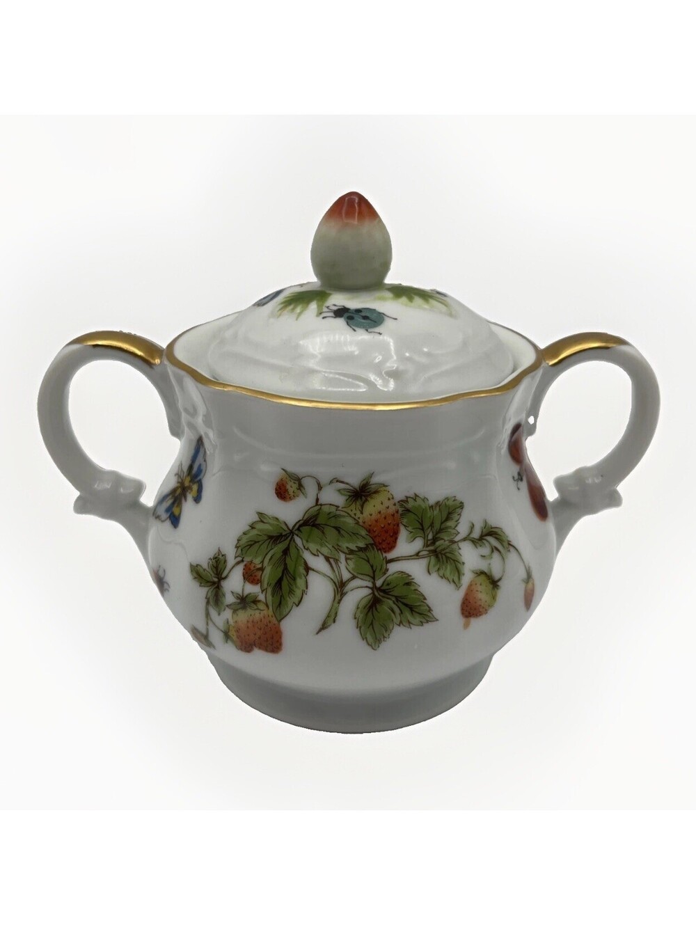MCM Lenwile Ardalt Japan #6176 Strawberry Bug Butterfly Sugar Bowl Gold Trim